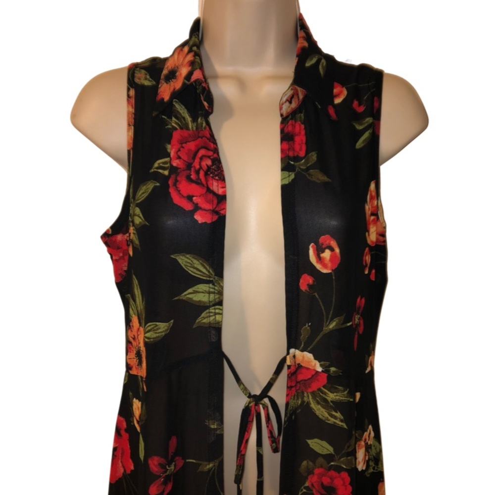 Sheer Long Cardigan Dress Black Floral Tie Front Small - Picture 3 of 7